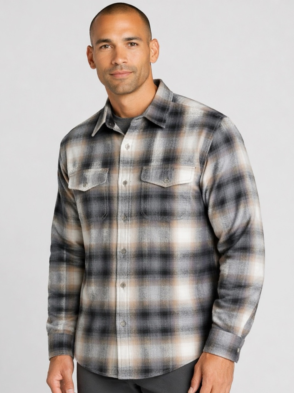 Eddie Bauer Men Gray Plaid Flannel Western Button Down Shirt MEDIUM Country